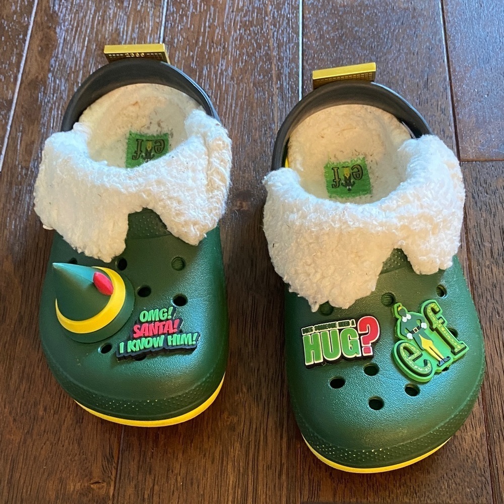 CROCS buddy the Elf Kids Slippers in Green with White Trim and Fun Design